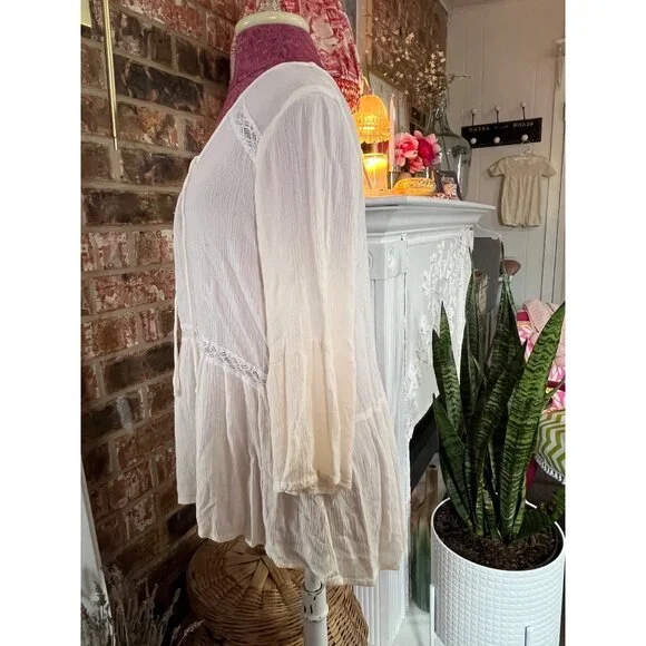 Boho Cream Mossimo Peasant Top With Lace Detail & Tie Neckline - XL - Picture 7 of 7
